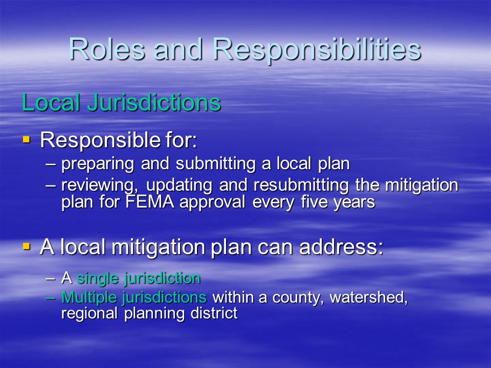 Roles and Responsibilities Local Jurisdictions  Responsible for: –preparing and submitting a local plan –reviewing, updating and resubmitting the mitigation plan for FEMA approval every five years  A local mitigation plan can address: –A single jurisdiction –Multiple jurisdictions within a county, watershed, regional planning district