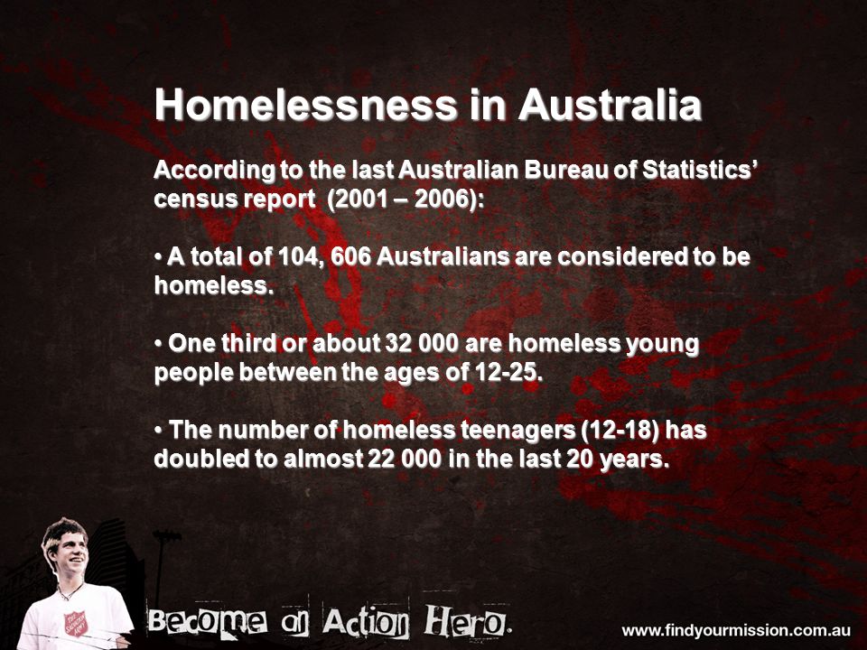 Homelessness in Australia According to the last Australian Bureau of Statistics’ census report (2001 – 2006): A total of 104, 606 Australians are considered to be homeless.