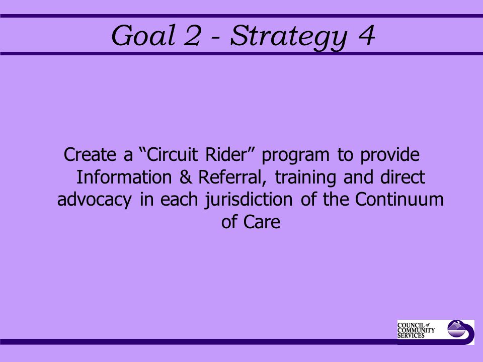 Goal 2 - Strategy 4 Create a Circuit Rider program to provide Information & Referral, training and direct advocacy in each jurisdiction of the Continuum of Care