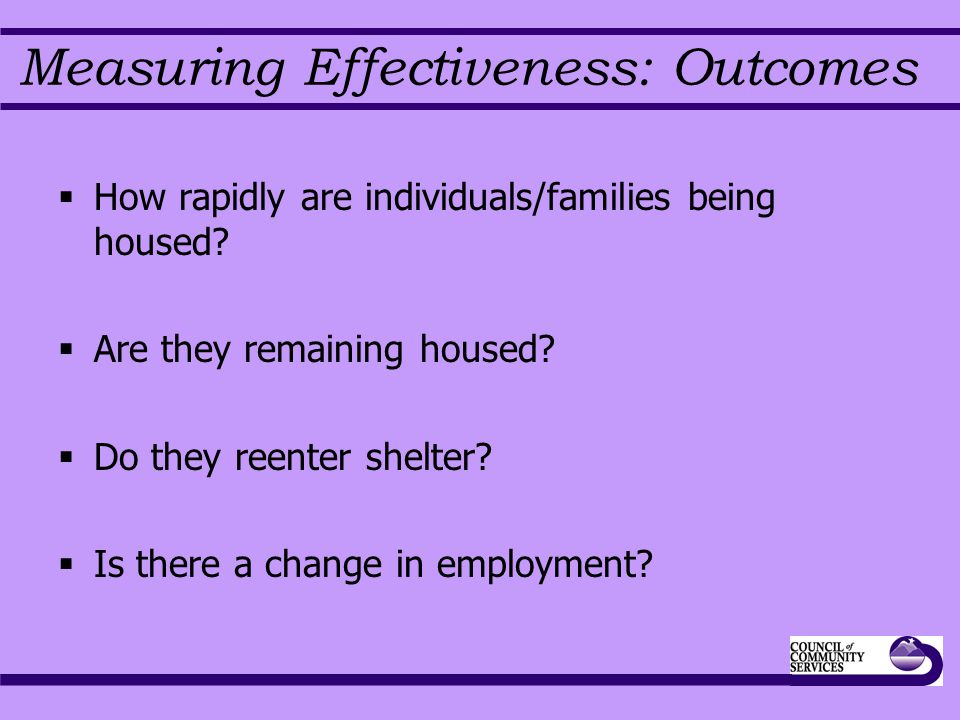 Measuring Effectiveness: Outcomes  How rapidly are individuals/families being housed.