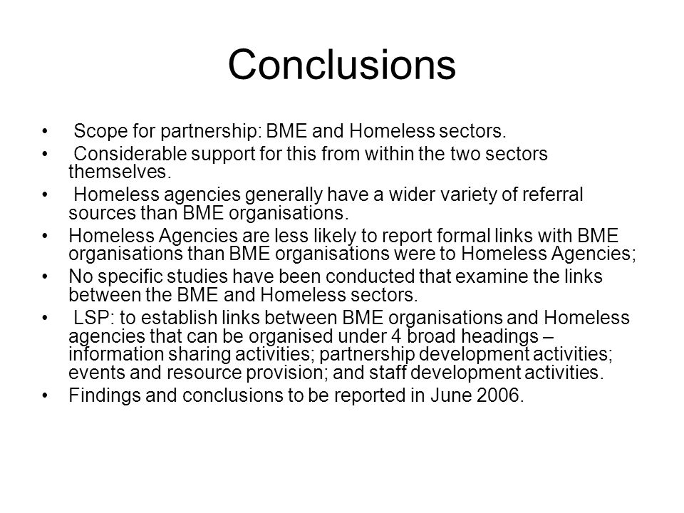 Conclusions Scope for partnership: BME and Homeless sectors.