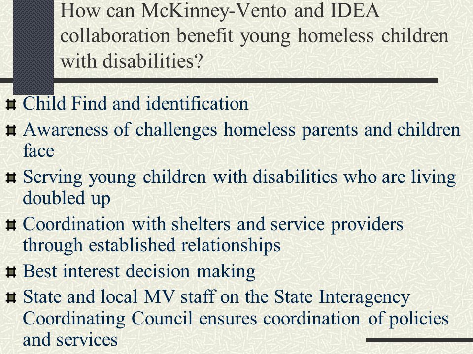 How can McKinney-Vento and IDEA collaboration benefit young homeless children with disabilities.