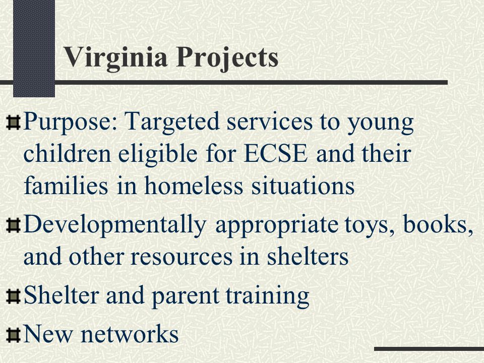 Virginia Projects Purpose: Targeted services to young children eligible for ECSE and their families in homeless situations Developmentally appropriate toys, books, and other resources in shelters Shelter and parent training New networks