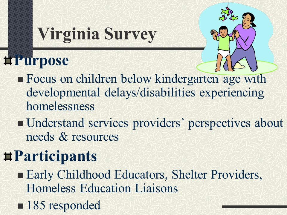 Virginia Survey Purpose Focus on children below kindergarten age with developmental delays/disabilities experiencing homelessness Understand services providers’ perspectives about needs & resources Participants Early Childhood Educators, Shelter Providers, Homeless Education Liaisons 185 responded
