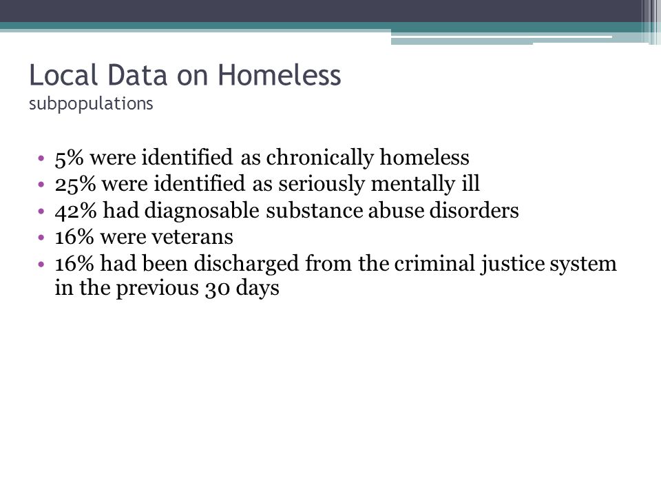 Local Data on Homeless subpopulations 5% were identified as chronically homeless 25% were identified as seriously mentally ill 42% had diagnosable substance abuse disorders 16% were veterans 16% had been discharged from the criminal justice system in the previous 30 days