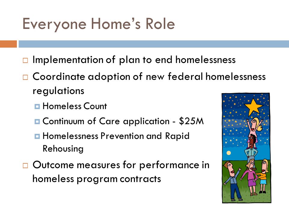 Everyone Home’s Role  Implementation of plan to end homelessness  Coordinate adoption of new federal homelessness regulations  Homeless Count  Continuum of Care application - $25M  Homelessness Prevention and Rapid Rehousing  Outcome measures for performance in homeless program contracts