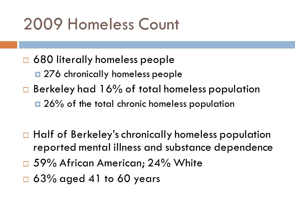 2009 Homeless Count  680 literally homeless people  276 chronically homeless people  Berkeley had 16% of total homeless population  26% of the total chronic homeless population  Half of Berkeley’s chronically homeless population reported mental illness and substance dependence  59% African American; 24% White  63% aged 41 to 60 years