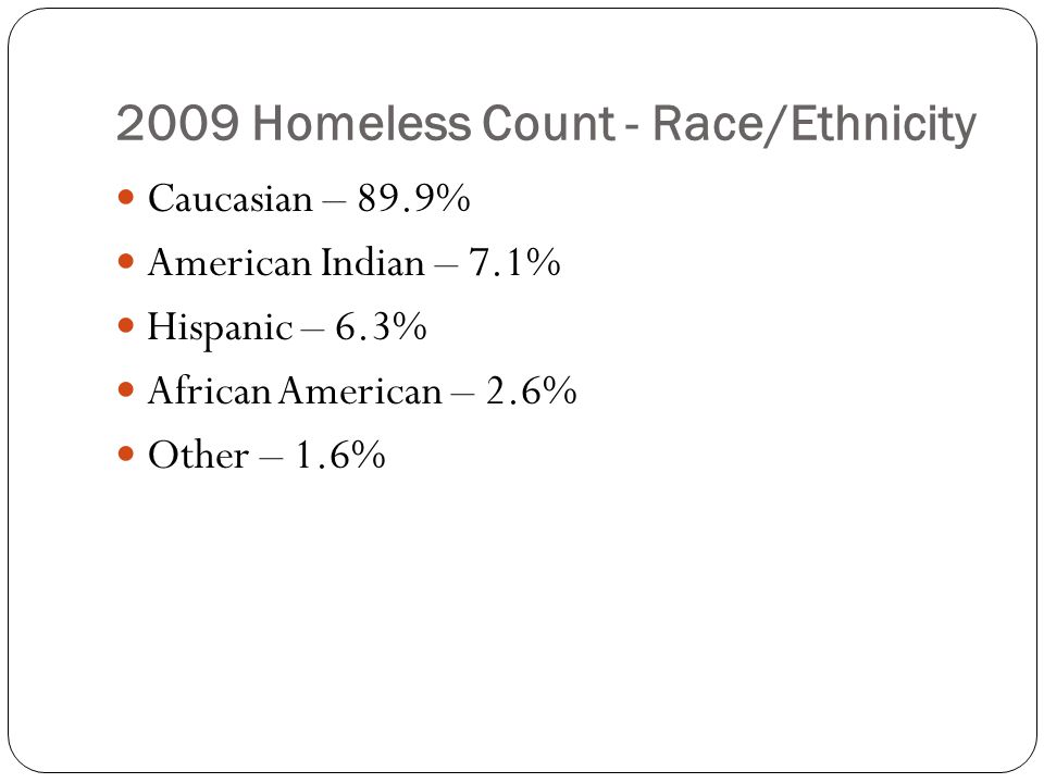 2009 Homeless Count - Race/Ethnicity Caucasian – 89.9% American Indian – 7.1% Hispanic – 6.3% African American – 2.6% Other – 1.6%