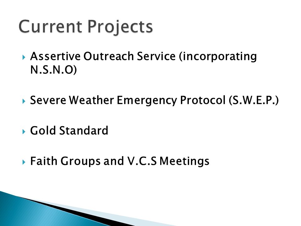  Assertive Outreach Service (incorporating N.S.N.O)  Severe Weather Emergency Protocol (S.W.E.P.)  Gold Standard  Faith Groups and V.C.S Meetings