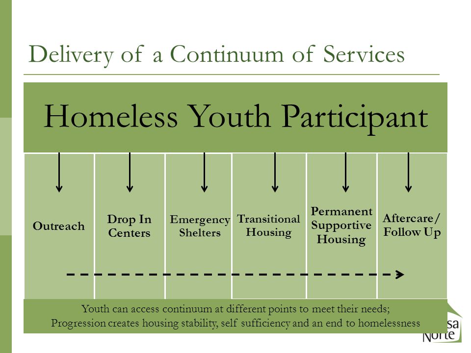 Outreach Drop In Centers Emergency Shelters Transitional Housing Permanent Supportive Housing Aftercare/ Follow Up Youth can access continuum at different points to meet their needs; Progression creates housing stability, self sufficiency and an end to homelessness Delivery of a Continuum of Services Homeless Youth Participant