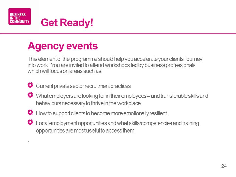 Get Ready. This element of the programme should help you accelerate your clients journey into work.