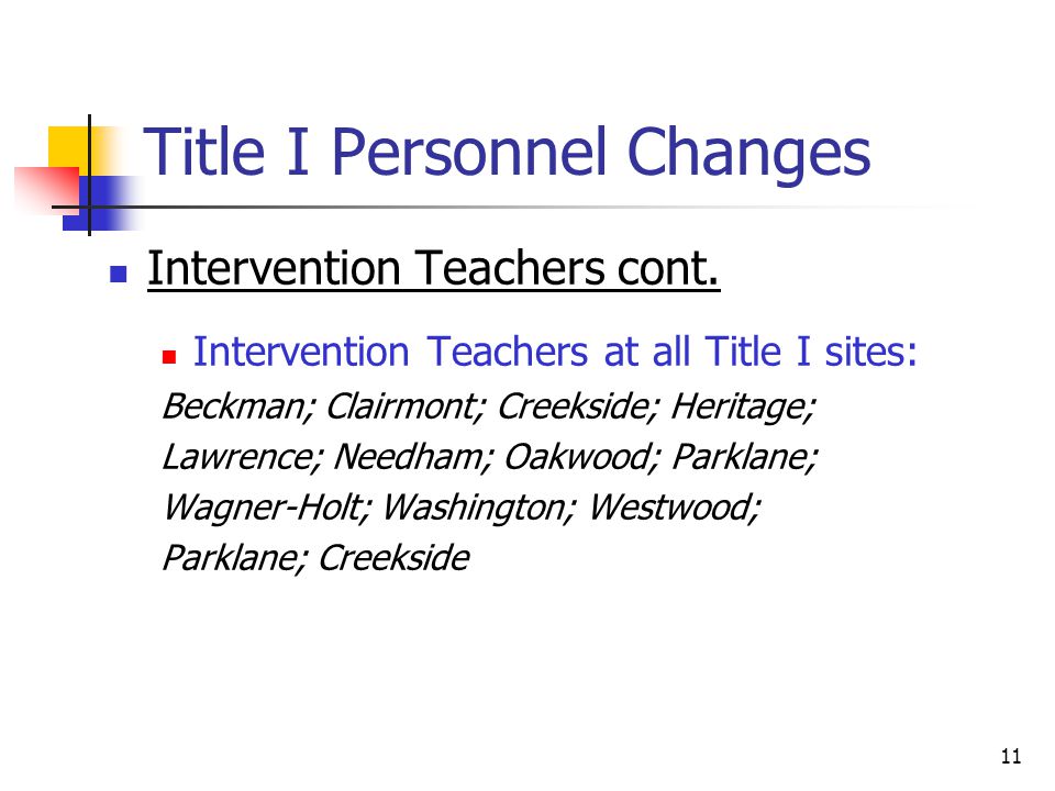 11 Title I Personnel Changes Intervention Teachers cont.