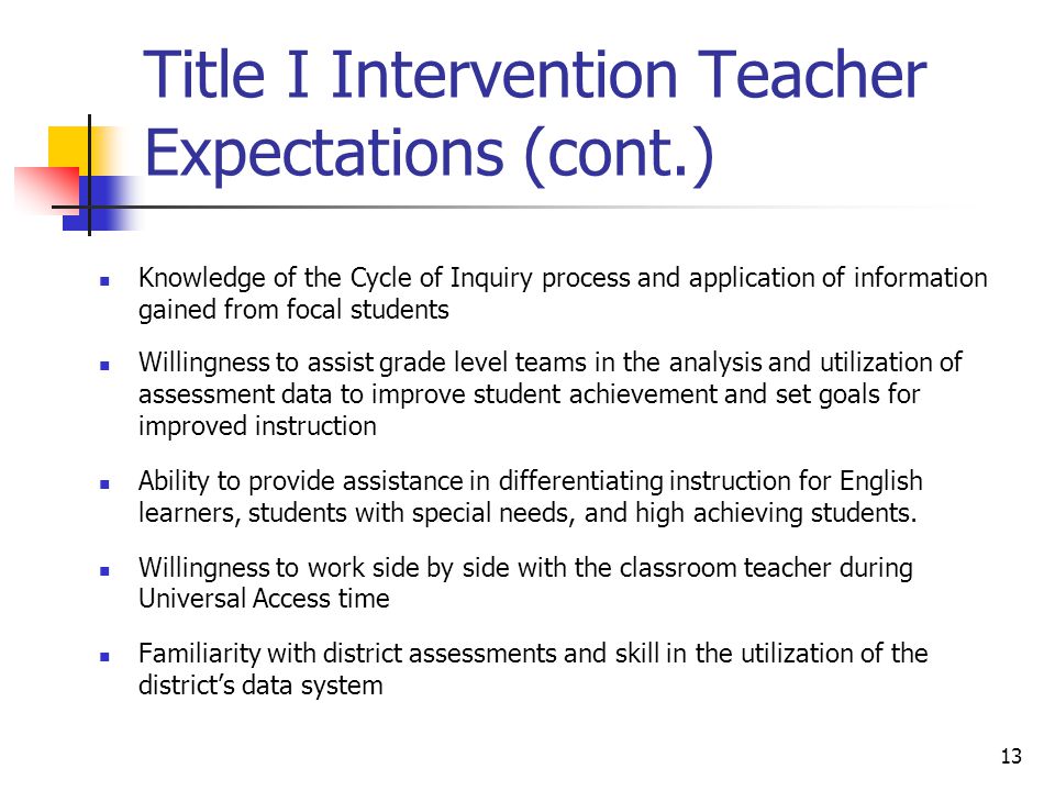 13 Title I Intervention Teacher Expectations (cont.) Knowledge of the Cycle of Inquiry process and application of information gained from focal students Willingness to assist grade level teams in the analysis and utilization of assessment data to improve student achievement and set goals for improved instruction Ability to provide assistance in differentiating instruction for English learners, students with special needs, and high achieving students.