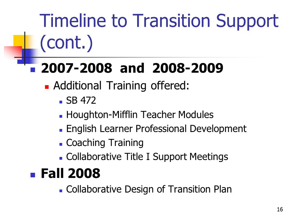 16 Timeline to Transition Support (cont.) and Additional Training offered: SB 472 Houghton-Mifflin Teacher Modules English Learner Professional Development Coaching Training Collaborative Title I Support Meetings Fall 2008 Collaborative Design of Transition Plan