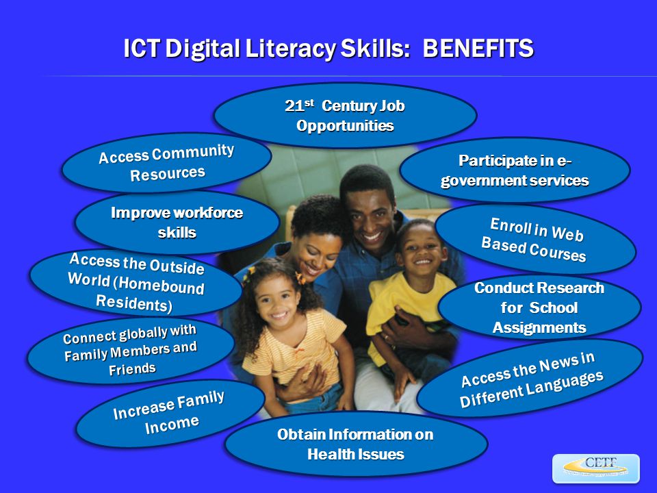 ICT Digital Literacy Skills: BENEFITS Access the Outside World (Homebound Residents) Improve workforce skills 21 st Century Job Opportunities Enroll in Web Based Courses Conduct Research for School Assignments Access Community Resources Access the News in Different Languages Obtain Information on Health Issues Connect globally with Family Members and Friends Increase Family Income Participate in e- government services