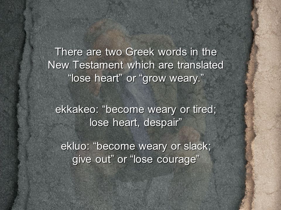 There are two Greek words in the New Testament which are translated lose heart or grow weary. ekkakeo: become weary or tired; lose heart, despair ekluo: become weary or slack; give out or lose courage
