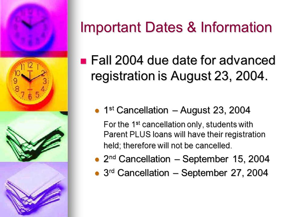 Important Dates & Information Fall 2004 due date for advanced registration is August 23, 2004.