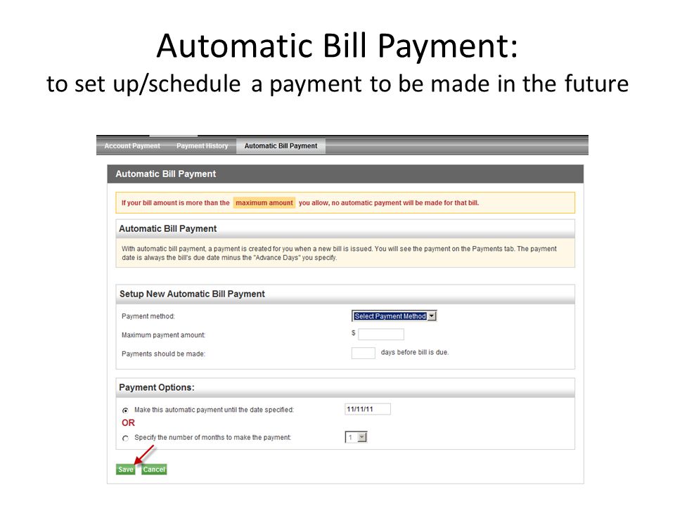 Automatic Bill Payment: to set up/schedule a payment to be made in the future