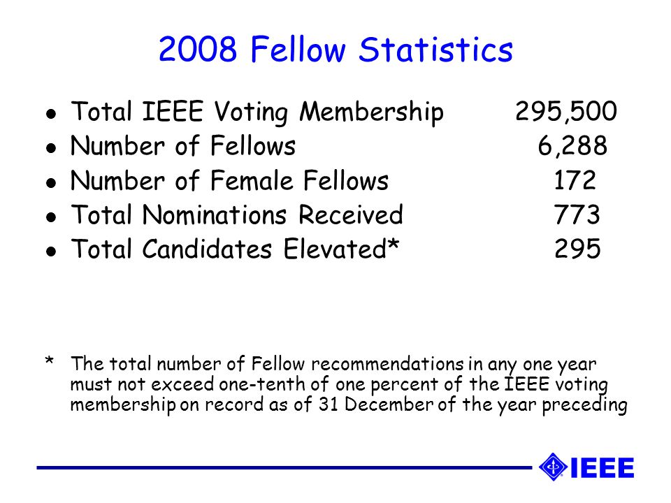 2008 Fellow Statistics l Total IEEE Voting Membership295,500 l Number of Fellows 6,288 l Number of Female Fellows 172 l Total Nominations Received 773 l Total Candidates Elevated* 295 *The total number of Fellow recommendations in any one year must not exceed one-tenth of one percent of the IEEE voting membership on record as of 31 December of the year preceding