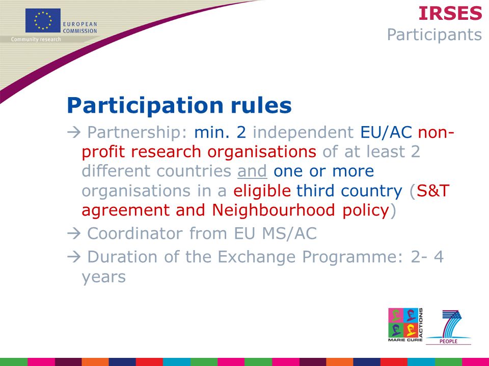 IRSES Participants Participation rules  Partnership: min.