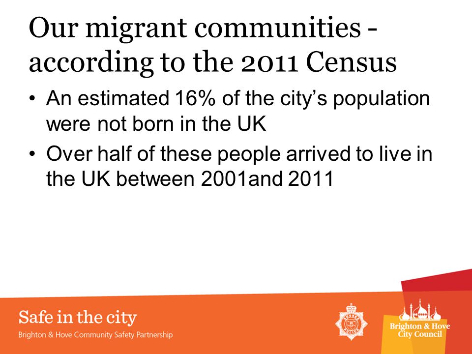Our migrant communities - according to the 2011 Census An estimated 16% of the city’s population were not born in the UK Over half of these people arrived to live in the UK between 2001and 2011