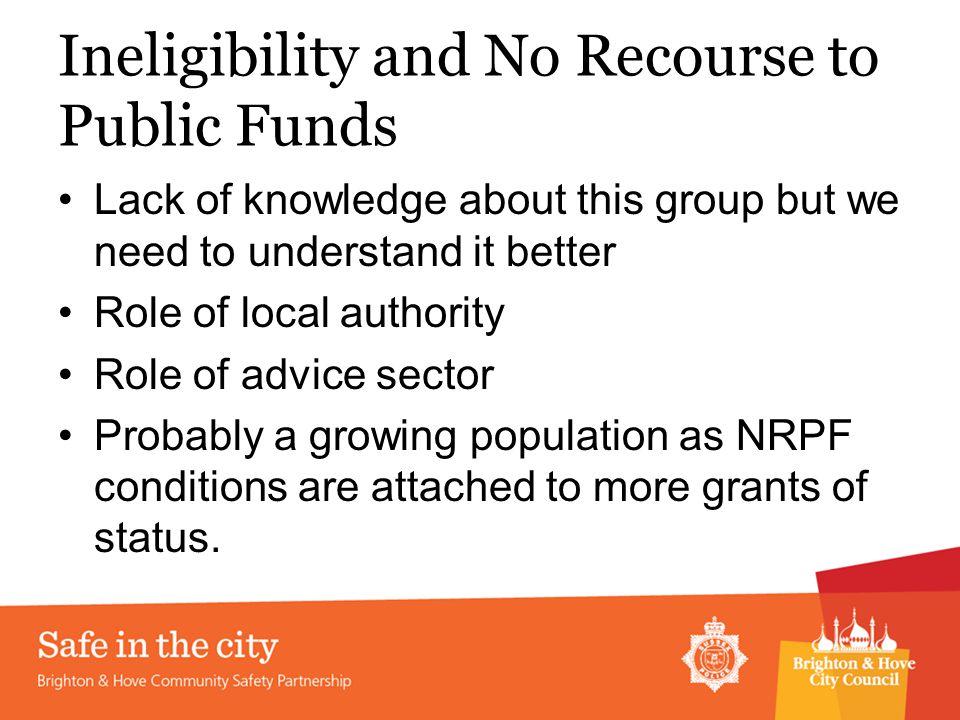 Ineligibility and No Recourse to Public Funds Lack of knowledge about this group but we need to understand it better Role of local authority Role of advice sector Probably a growing population as NRPF conditions are attached to more grants of status.