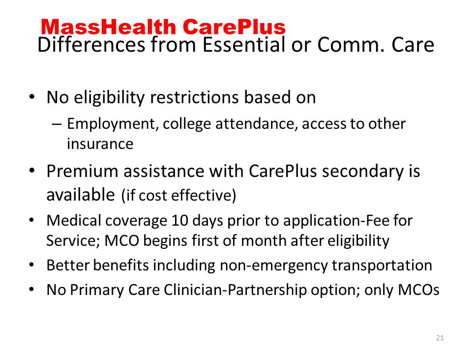 MassHealth CarePlus Differences from Essential or Comm.