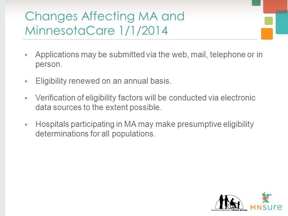 Changes Affecting MA and MinnesotaCare 1/1/2014  Applications may be submitted via the web, mail, telephone or in person.