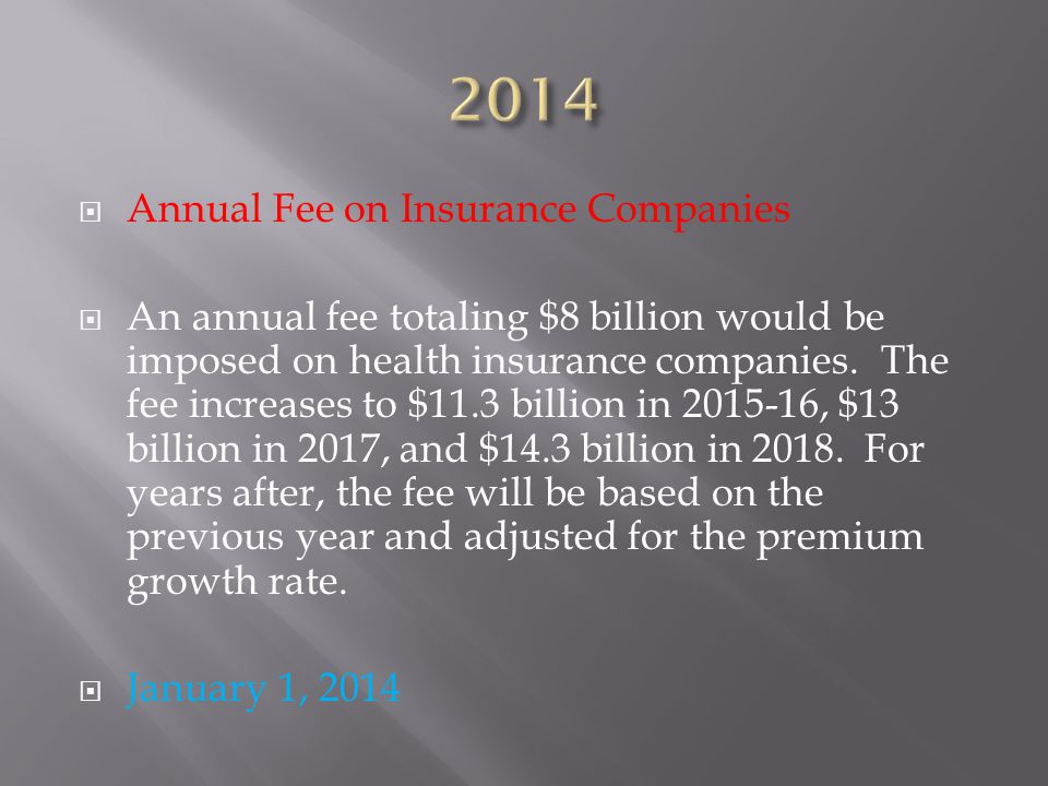  Annual Fee on Insurance Companies  An annual fee totaling $8 billion would be imposed on health insurance companies.
