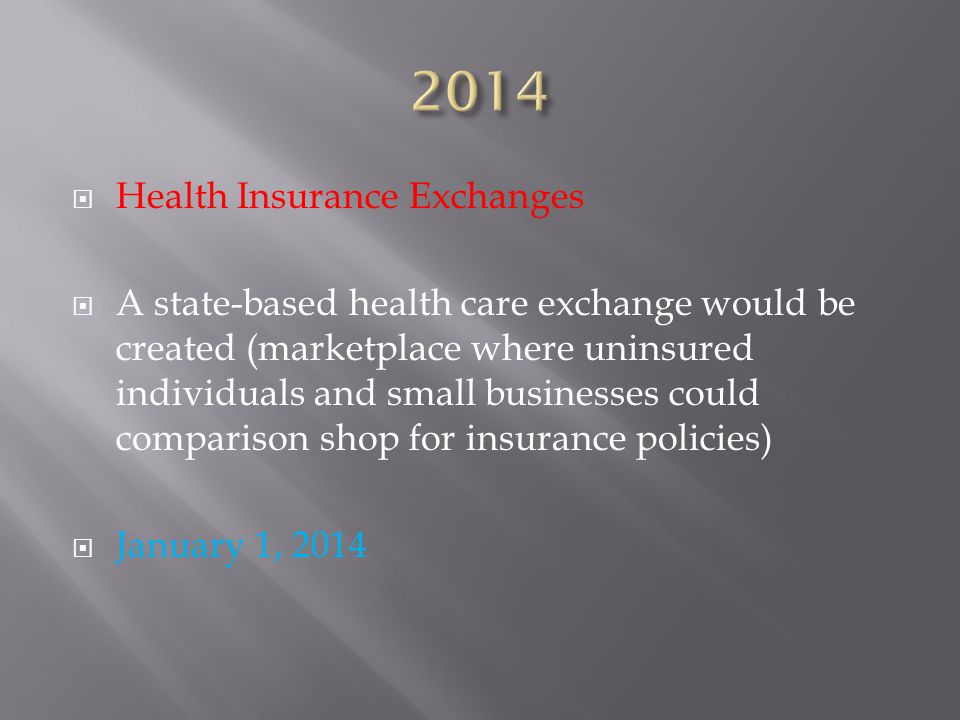  Health Insurance Exchanges  A state-based health care exchange would be created (marketplace where uninsured individuals and small businesses could comparison shop for insurance policies)  January 1, 2014