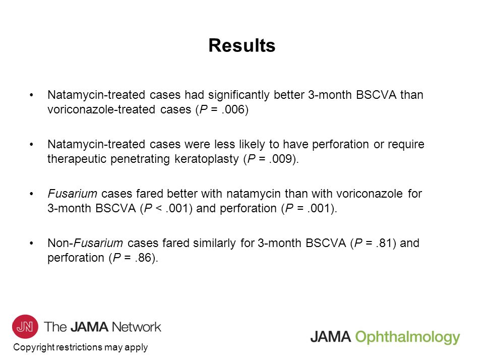 Copyright restrictions may apply Natamycin-treated cases had significantly better 3-month BSCVA than voriconazole-treated cases (P =.006) Natamycin-treated cases were less likely to have perforation or require therapeutic penetrating keratoplasty (P =.009).
