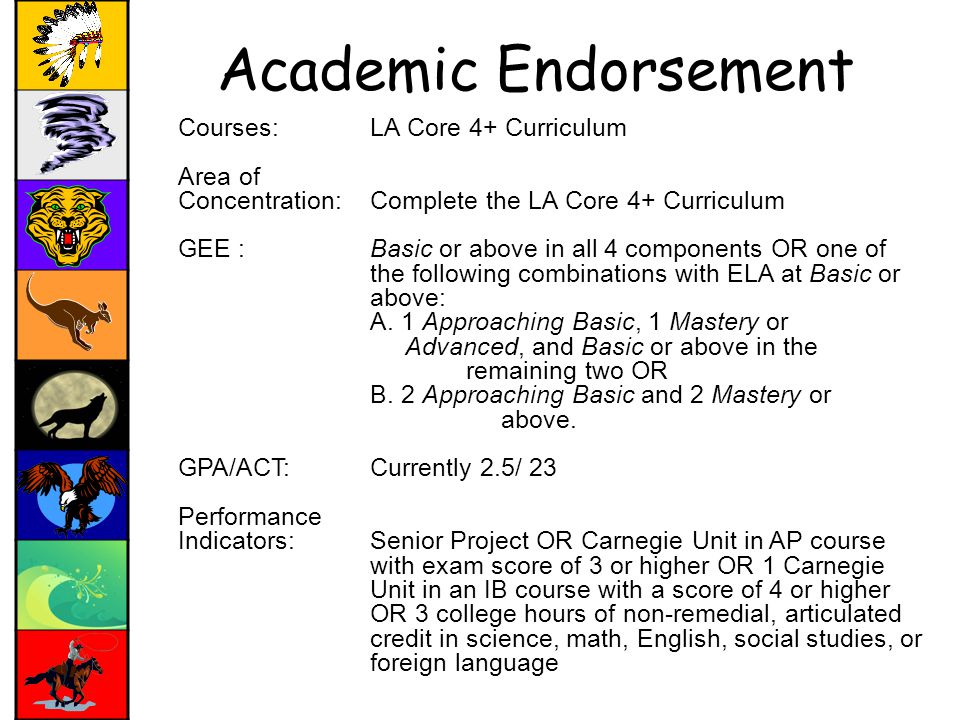 Academic Endorsement Courses: LA Core 4+ Curriculum Area of Concentration:Complete the LA Core 4+ Curriculum GEE : Basic or above in all 4 components OR one of the following combinations with ELA at Basic or above: A.