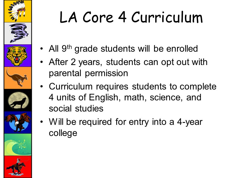 LA Core 4 Curriculum All 9 th grade students will be enrolled After 2 years, students can opt out with parental permission Curriculum requires students to complete 4 units of English, math, science, and social studies Will be required for entry into a 4-year college