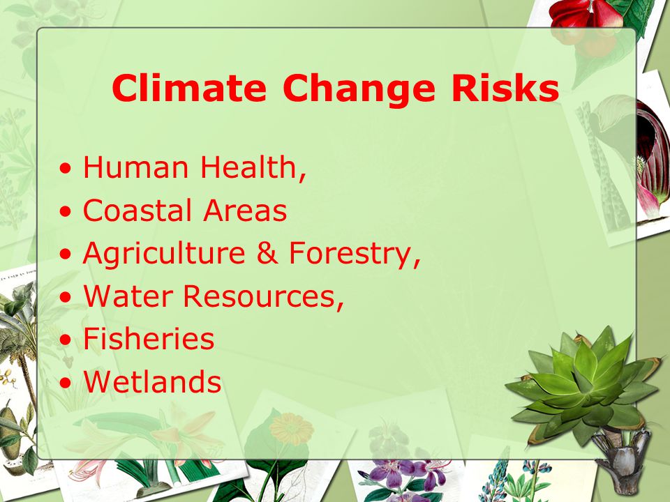 Climate Change Risks Human Health, Coastal Areas Agriculture & Forestry, Water Resources, Fisheries Wetlands