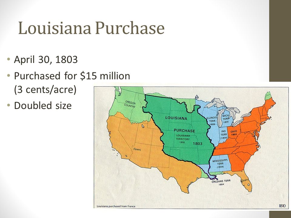 Louisiana Purchase April 30, 1803 Purchased for $15 million (3 cents/acre) Doubled size