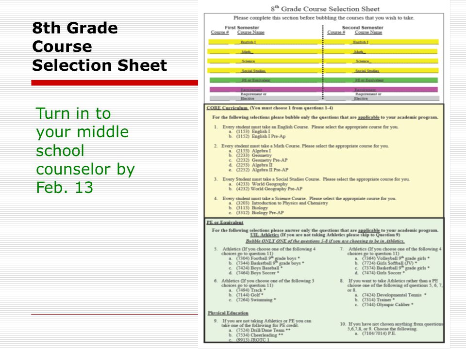 8th Grade Course Selection Sheet Turn in to your middle school counselor by Feb. 13