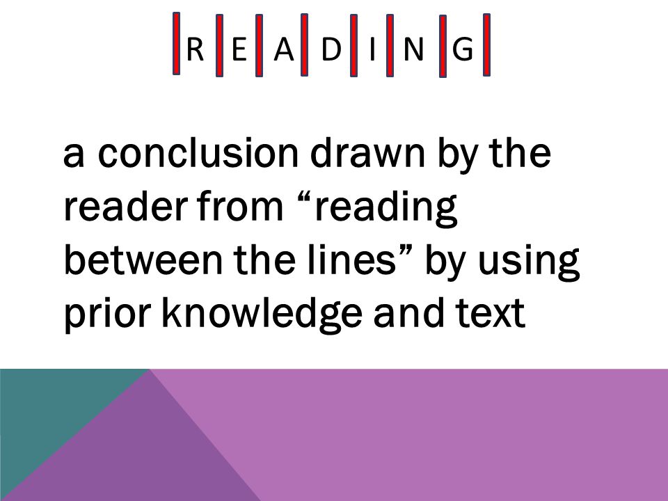 R E A D I N G a conclusion drawn by the reader from reading between the lines by using prior knowledge and text