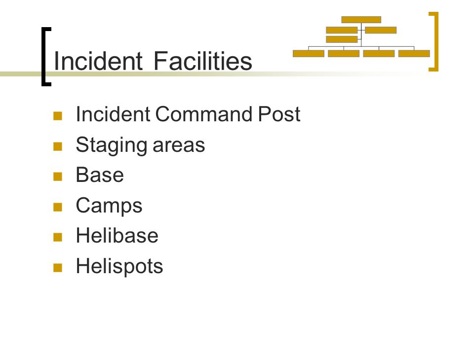 Incident Facilities Incident Command Post Staging areas Base Camps Helibase Helispots