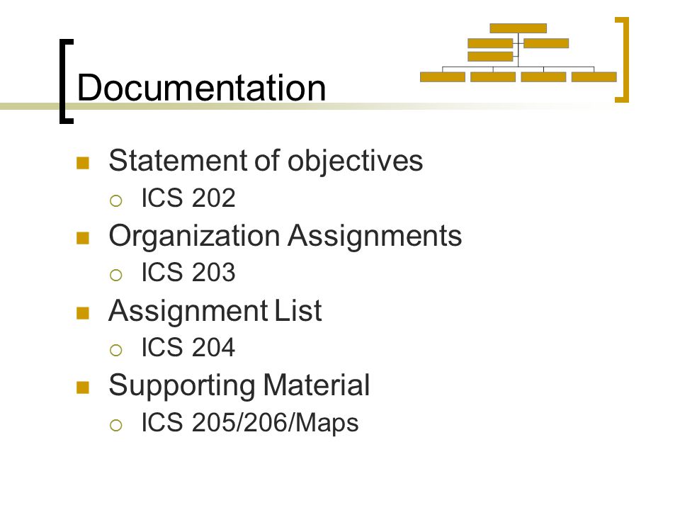 Documentation Statement of objectives  ICS 202 Organization Assignments  ICS 203 Assignment List  ICS 204 Supporting Material  ICS 205/206/Maps