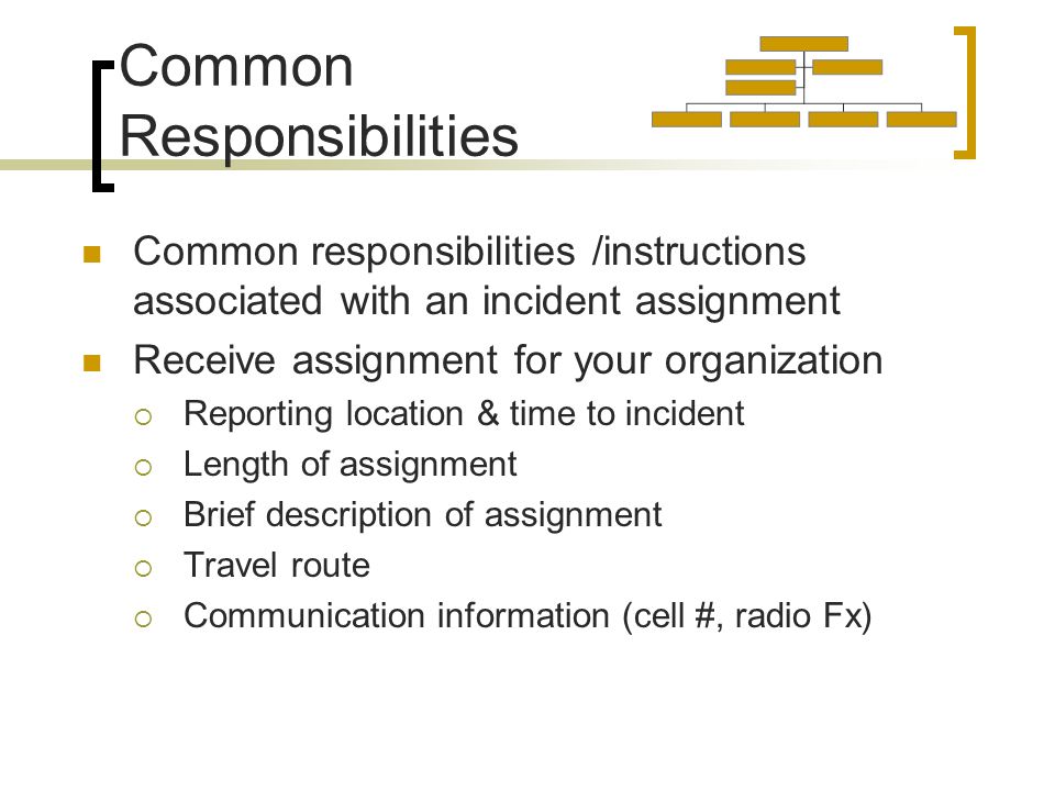 Common responsibilities /instructions associated with an incident assignment Receive assignment for your organization  Reporting location & time to incident  Length of assignment  Brief description of assignment  Travel route  Communication information (cell #, radio Fx)