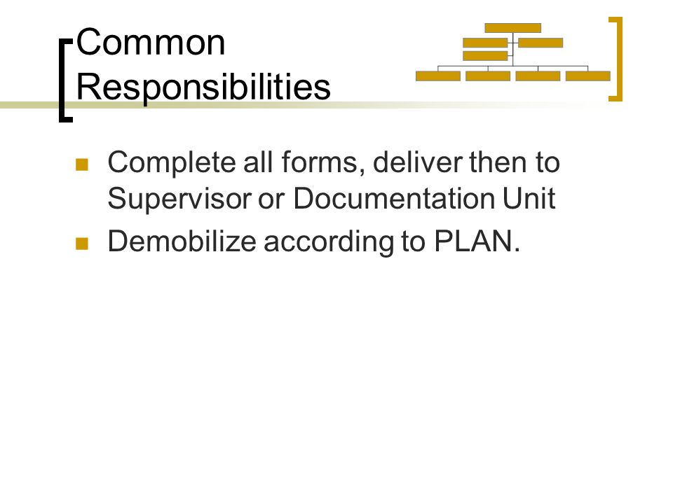 Common Responsibilities Complete all forms, deliver then to Supervisor or Documentation Unit Demobilize according to PLAN.