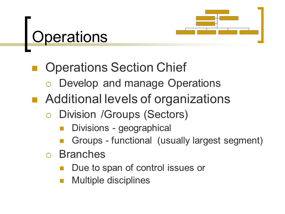 Operations Operations Section Chief  Develop and manage Operations Additional levels of organizations  Division /Groups (Sectors) Divisions - geographical Groups - functional (usually largest segment)  Branches Due to span of control issues or Multiple disciplines