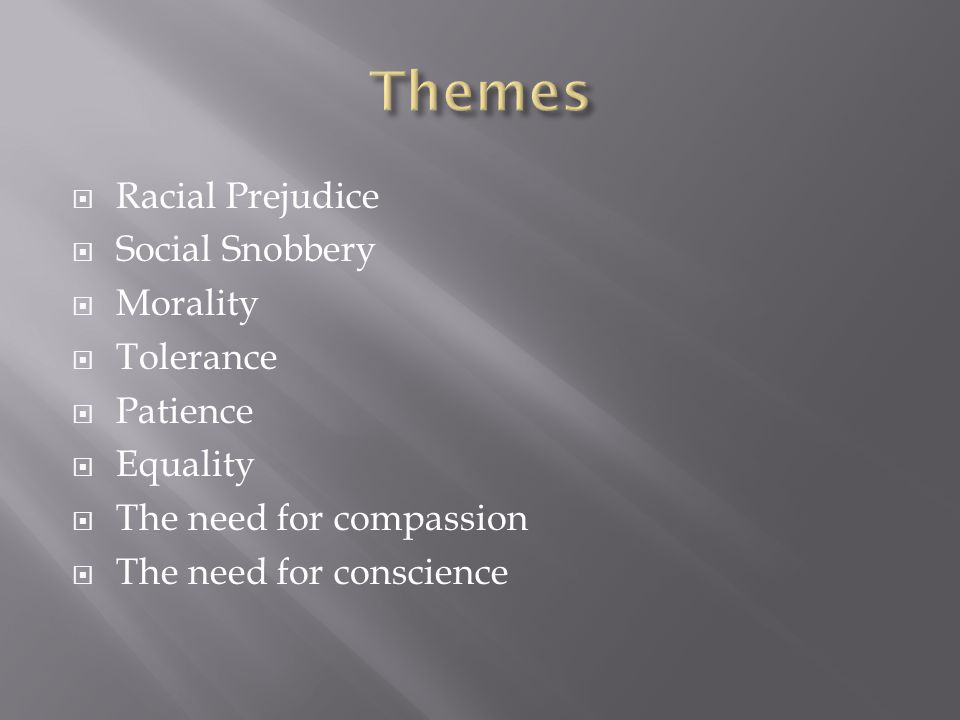  Racial Prejudice  Social Snobbery  Morality  Tolerance  Patience  Equality  The need for compassion  The need for conscience