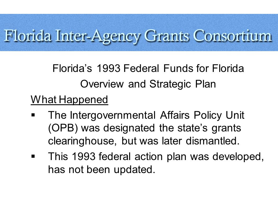 Florida’s 1993 Federal Funds for Florida Overview and Strategic Plan What Happened  The Intergovernmental Affairs Policy Unit (OPB) was designated the state’s grants clearinghouse, but was later dismantled.
