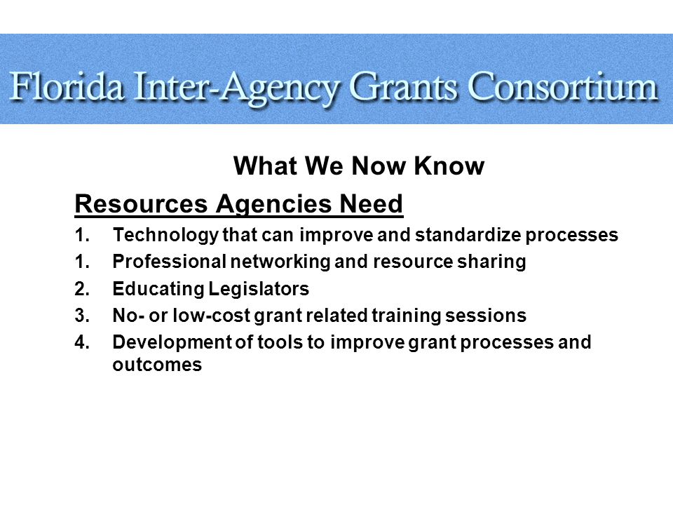 What We Now Know Resources Agencies Need 1.Technology that can improve and standardize processes 1.Professional networking and resource sharing 2.Educating Legislators 3.No- or low-cost grant related training sessions 4.Development of tools to improve grant processes and outcomes