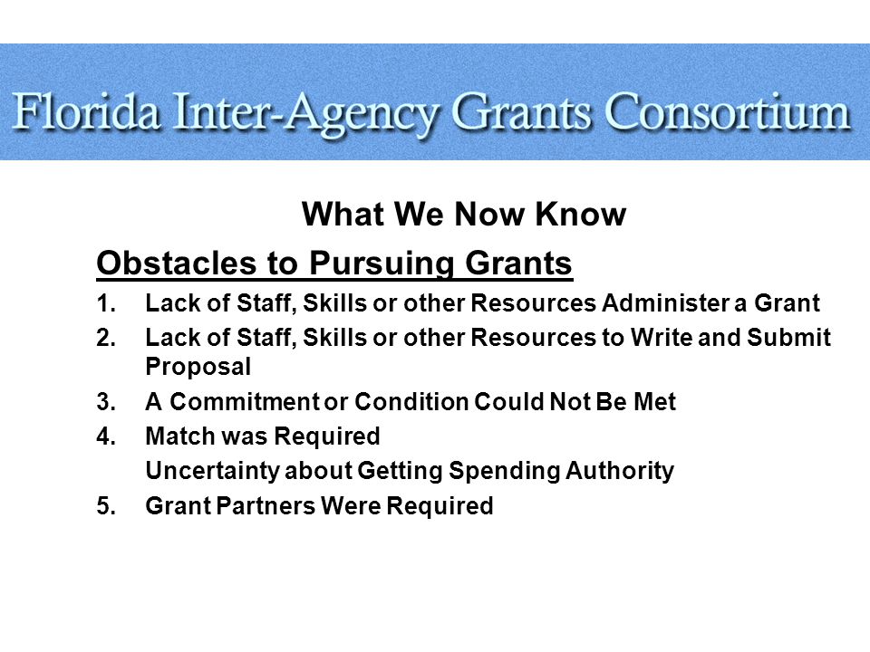 What We Now Know Obstacles to Pursuing Grants 1.Lack of Staff, Skills or other Resources Administer a Grant 2.Lack of Staff, Skills or other Resources to Write and Submit Proposal 3.A Commitment or Condition Could Not Be Met 4.Match was Required Uncertainty about Getting Spending Authority 5.Grant Partners Were Required