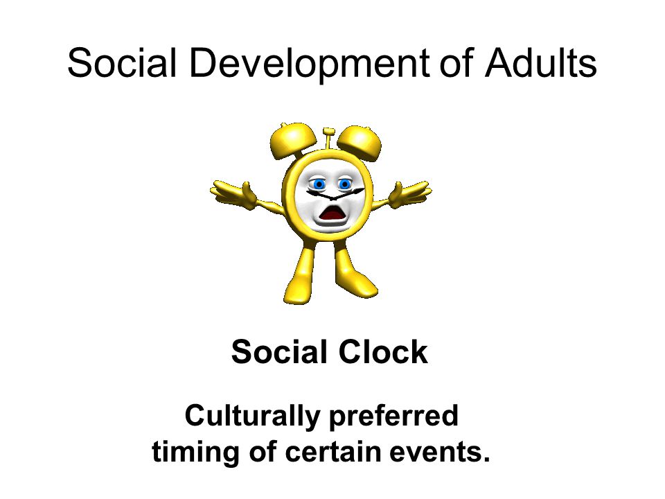 Social Development of Adults Social Clock Culturally preferred timing of certain events.