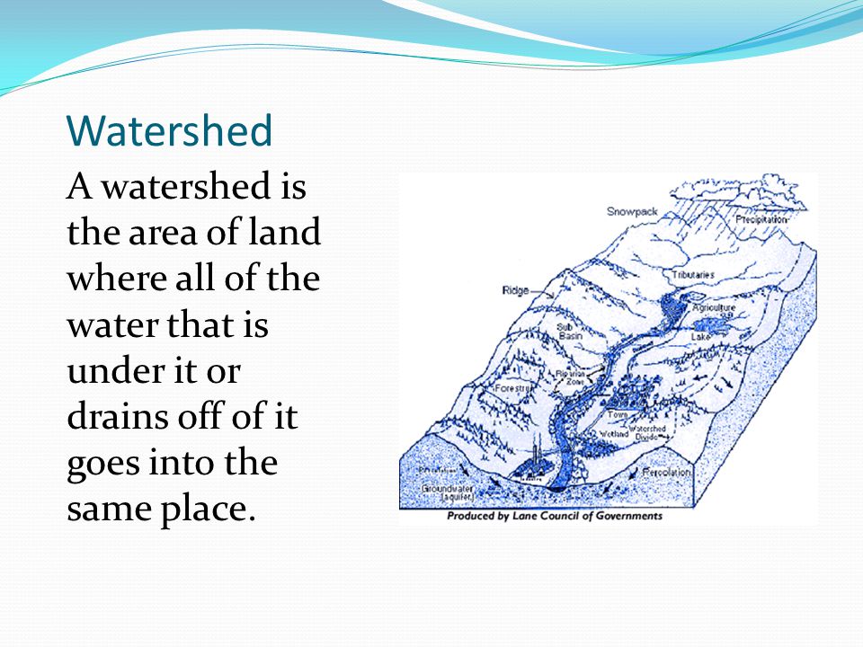 Watershed A watershed is the area of land where all of the water that is under it or drains off of it goes into the same place.