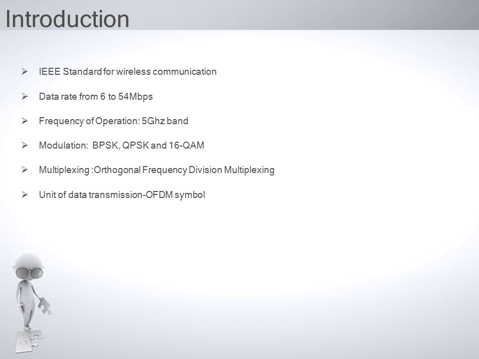 Introduction  IEEE Standard for wireless communication  Data rate from 6 to 54Mbps  Frequency of Operation: 5Ghz band  Modulation: BPSK, QPSK and 16-QAM  Multiplexing :Orthogonal Frequency Division Multiplexing  Unit of data transmission-OFDM symbol