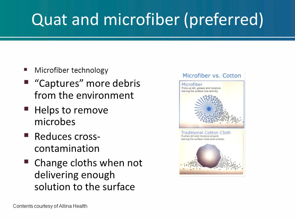 Quat and microfiber (preferred)  Microfiber technology  Captures more debris from the environment  Helps to remove microbes  Reduces cross- contamination  Change cloths when not delivering enough solution to the surface Contents courtesy of Allina Health
